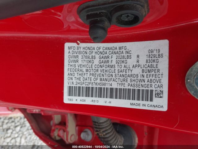 2HGFC2F87KH598114 Honda Civic Sport