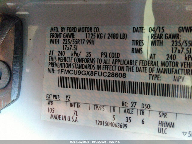 Ford ESCAPE SE 2015 1FMCU9GX8FUC28608 Image 9