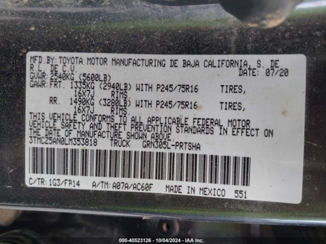 3TMCZ5AN0LM353818 Toyota Tacoma Sr V6