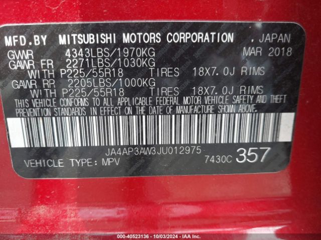 JA4AP3AW3JU012975 Mitsubishi Outlander Sport 2.4 Se