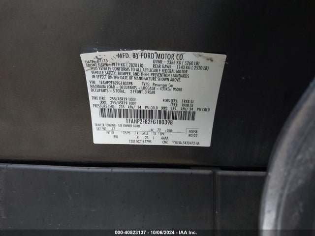 Ford Taurus Limited 2015 1FAHP2F82FG180398 Image 9