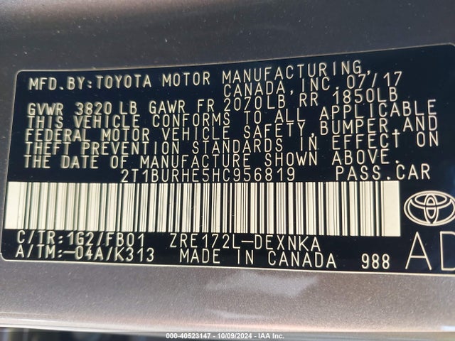 Toyota COROLLA LE 2017 2T1BURHE5HC956819 Image 9