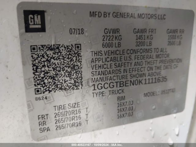 1GCGTBEN0K1111635 Chevrolet Colorado Wt