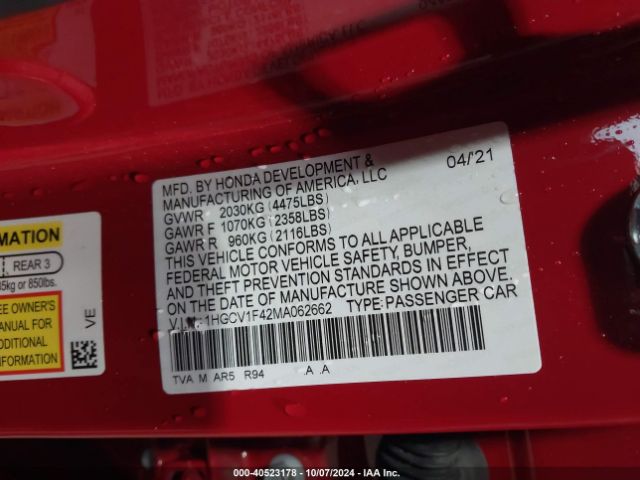 1HGCV1F42MA062662 Honda Accord Sport Special Edition