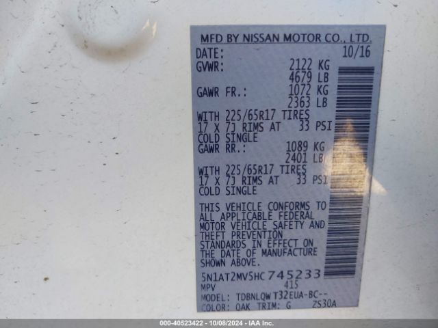 5N1AT2MV5HC745233 Nissan ROGUE SV