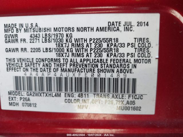 4A4AP4AUXFE001489 Mitsubishi Outlander Sport Se
