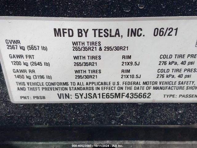 2021 TESLA MODEL S 5YJSA1E65MF435662 Photo 8
