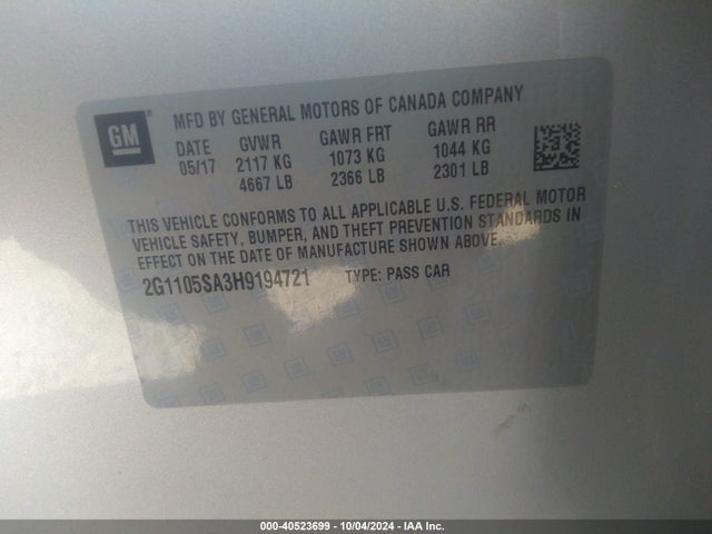 Chevrolet IMPALA 1LT 2017 2G1105SA3H9194721 Image 9