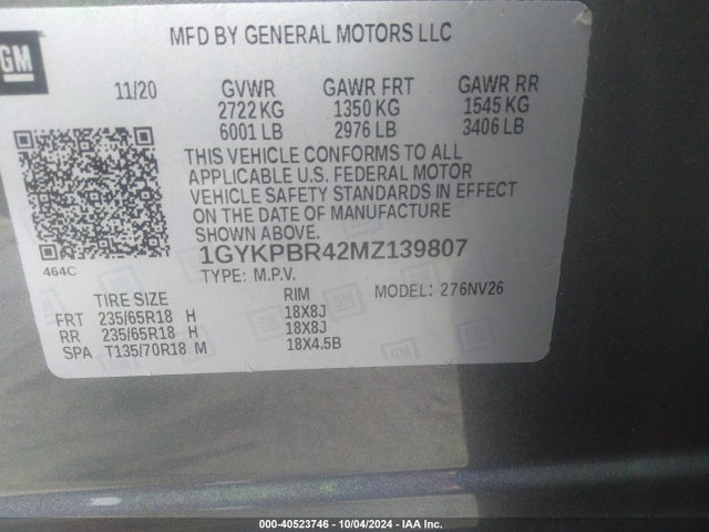 1GYKPBR42MZ139807 Cadillac Xt6 Luxury