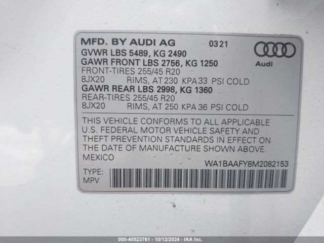 WA1BAAFY8M2082153 Audi Q5 Premium Plus 45 Tfsi Quattro S Tronic