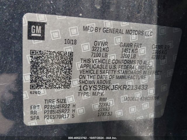 1GYS3BKJ6KR213433 Cadillac Escalade Luxury