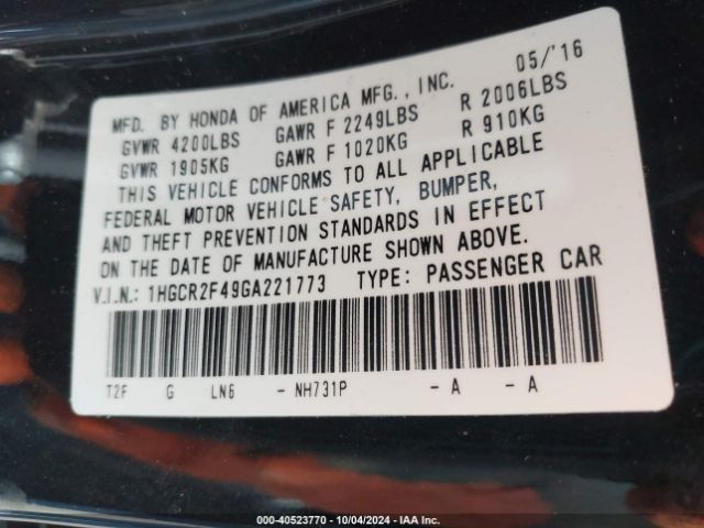 1HGCR2F49GA221773 Honda ACCORD LX