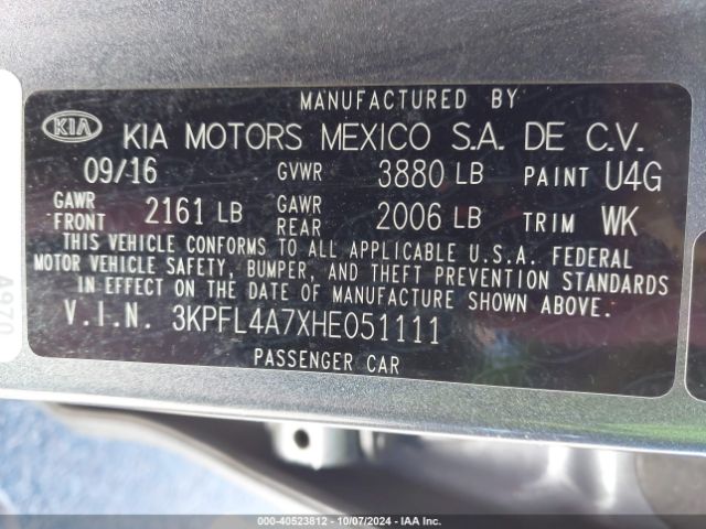 3KPFL4A7XHE051111 KIA FORTE S