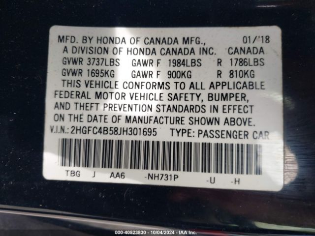 2HGFC4B58JH301695 Honda Civic Lx