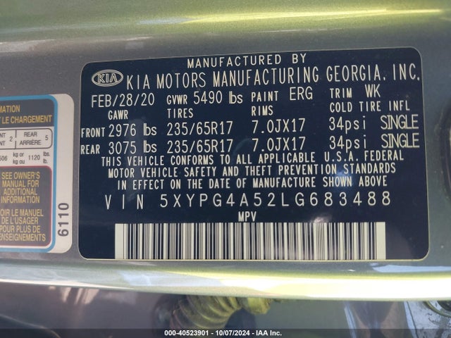 KIA Sorento 3.3l Lx 2020 5XYPG4A52LG683488 Image 9