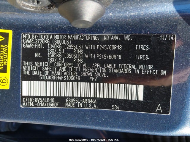 Toyota Highlander Xle V6 2015 5TDJKRFH4FS106649 Image 9