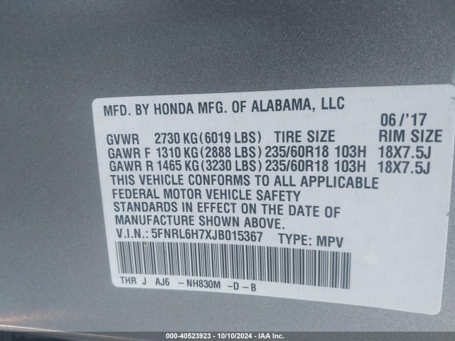 Honda Odyssey Ex-l 2018 5FNRL6H7XJB015367 Image 9