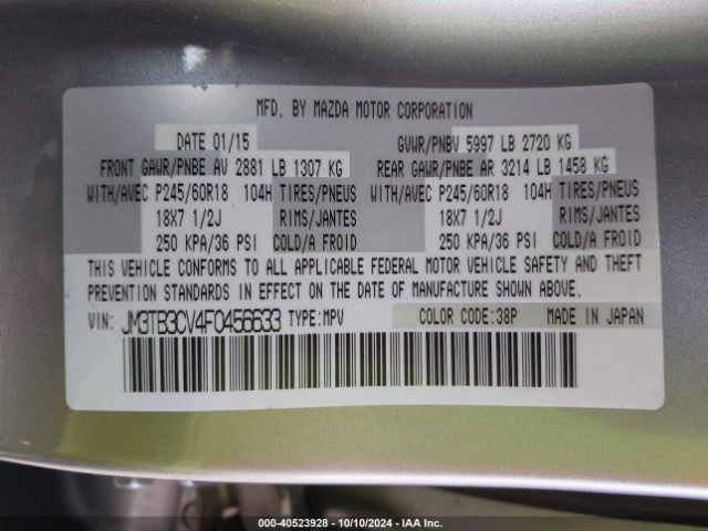 JM3TB3CV4F0456633 Mazda Cx-9 Touring