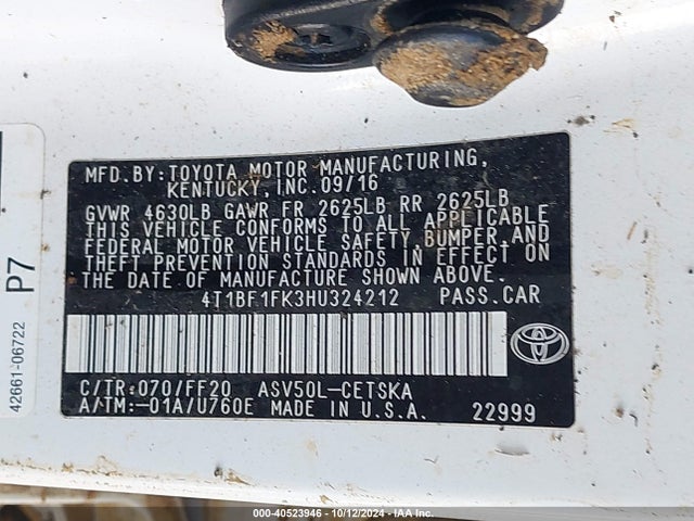 Toyota CAMRY SE 2017 4T1BF1FK3HU324212 Image 9