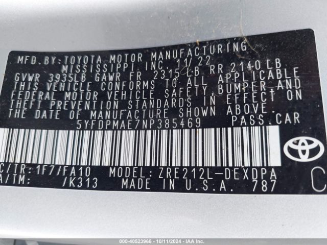 5YFDPMAE7NP385469 Toyota COROLLA L