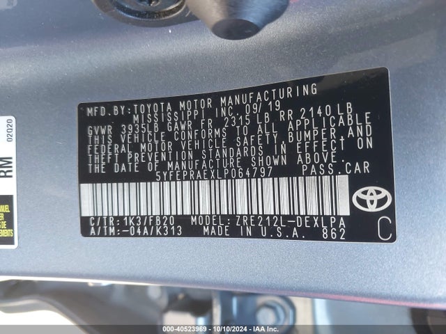 Toyota COROLLA LE 2020 5YFEPRAEXLP064797 Image 9
