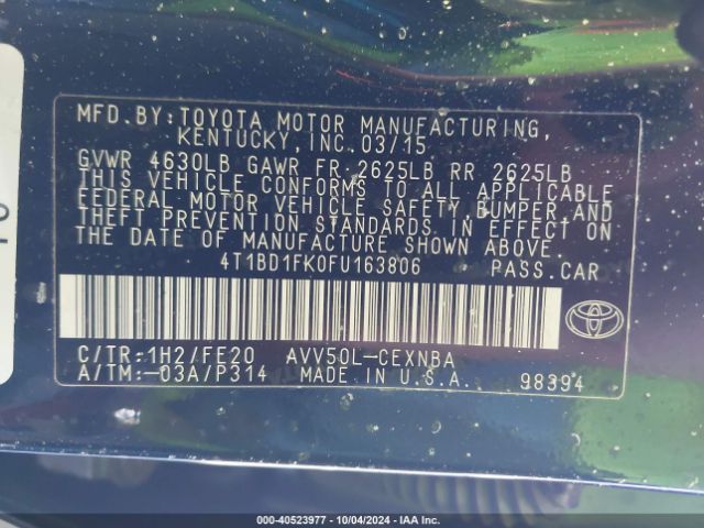 4T1BD1FK0FU163806 Toyota Camry Hybrid Le