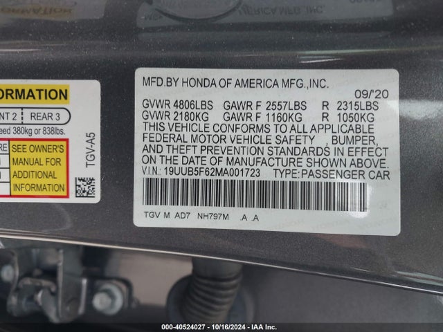 19UUB5F62MA001723 Acura Tlx Advance Package