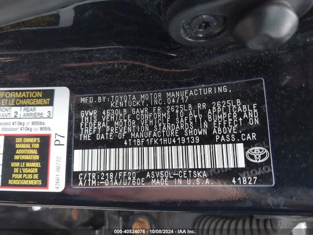 Toyota CAMRY SE 2017 4T1BF1FK1HU419139 Image 9