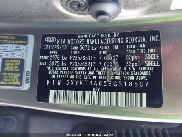 KIA SORENTO LX 2014 5XYKT4A65EG518567 Image 9