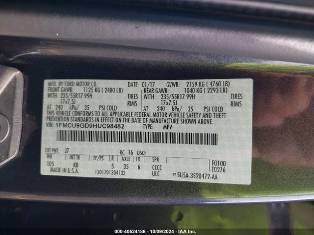 Ford ESCAPE SE 2017 1FMCU9GD9HUC98482 Image 9