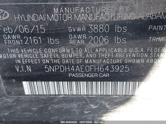 Hyundai ELANTRA SE 2015 5NPDH4AE0FH643925 Image 9