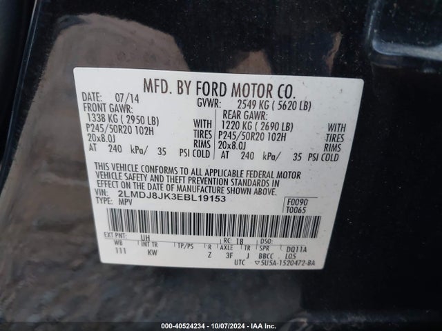 Lincoln MKX 2014 2LMDJ8JK3EBL19153 Image 9