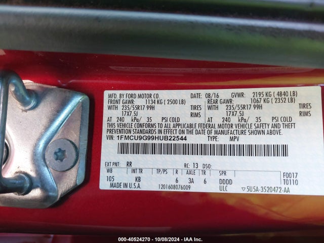 Ford ESCAPE SE 2017 1FMCU9G99HUB22544 Image 9