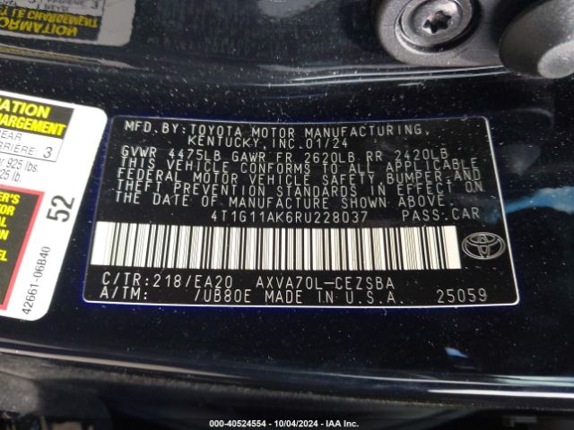 4T1G11AK6RU228037 Toyota CAMRY SE