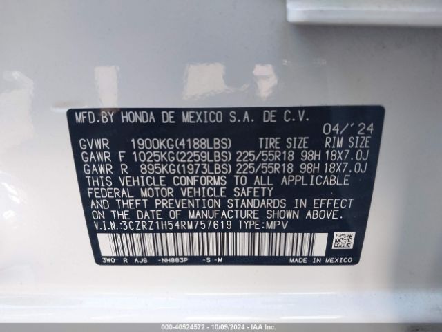 3CZRZ1H54RM757619 Honda Hr-v 2wd Sport/2wd Sport W/o Bsi