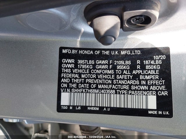 Honda CIVIC EX 2021 SHHFK7H68MU403588 Image 9