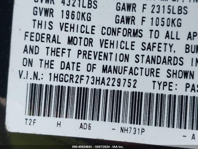 Honda ACCORD EX 2017 1HGCR2F73HA229752 Image 9