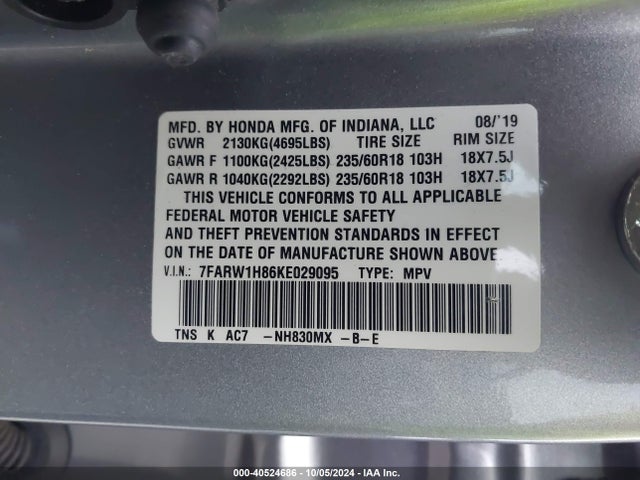 Honda Cr-v Ex-l 2019 7FARW1H86KE029095 Image 9
