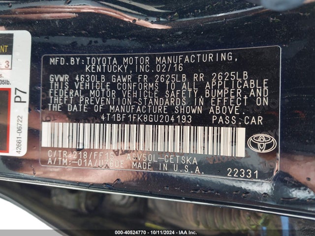 Toyota CAMRY SE 2016 4T1BF1FK8GU204193 Image 9