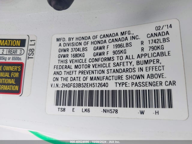 Honda Civic Lx 2014 2HGFG3B52EH512640 Image 9