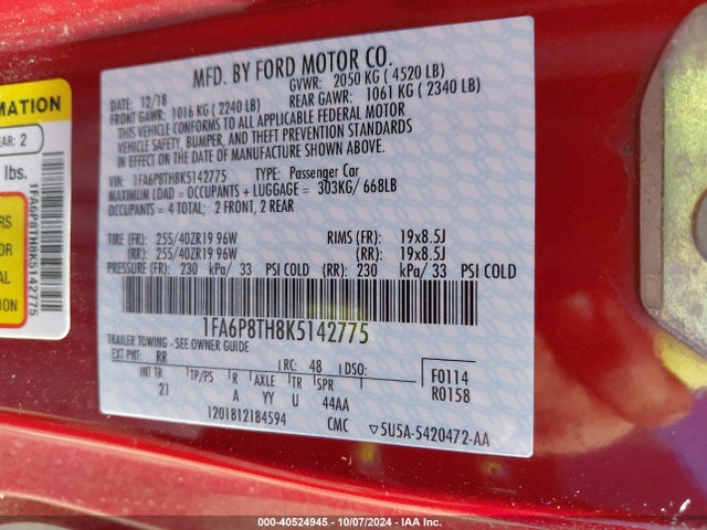 Ford Mustang Ecoboost 2019 1FA6P8TH8K5142775 Image 9