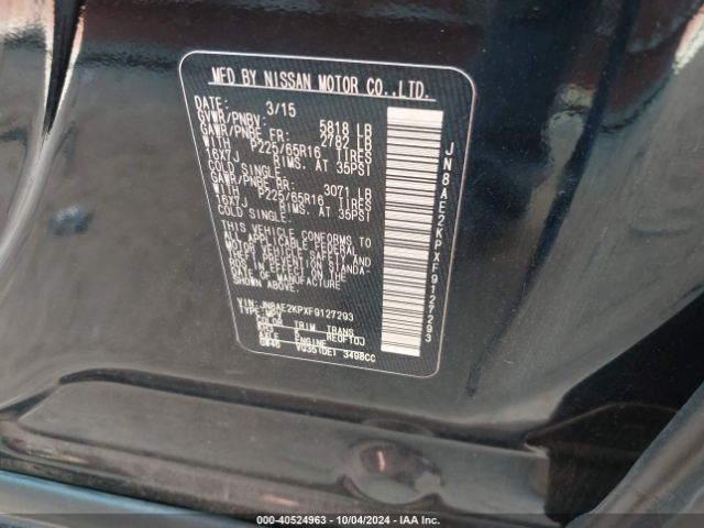 JN8AE2KPXF9127293 Nissan Quest Platinum/s/sl/sv