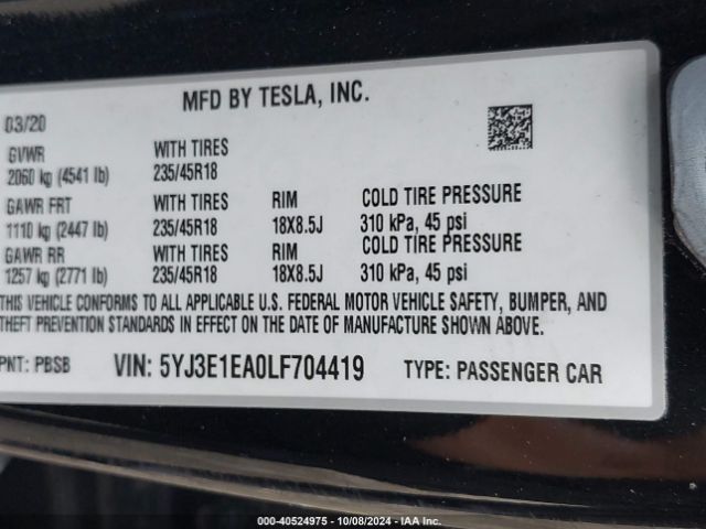 5YJ3E1EA0LF704419 Tesla Model 3 Standard Range Plus Rear-wheel Drive/standard Range Rear-wheel Drive