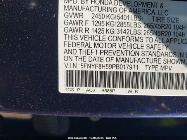 5FNYF8H59PB017911 Honda Passport Awd Ex-l