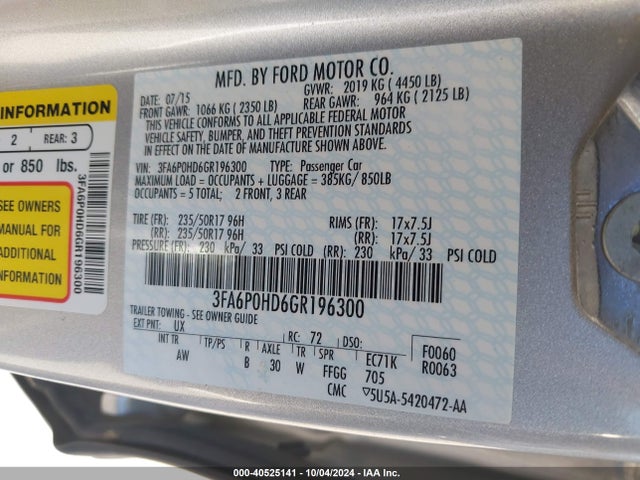 Ford FUSION SE 2016 3FA6P0HD6GR196300 Image 9
