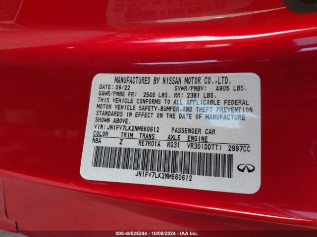 JN1FV7LK2NM660612 Infiniti Q60 Red Sport 400