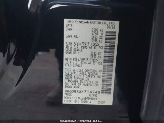 1N6DD0ERXKN714749 Nissan Frontier Sv