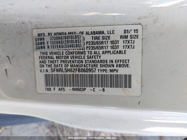 Honda Odyssey Ex-l 2015 5FNRL5H62FB060957 Image 9