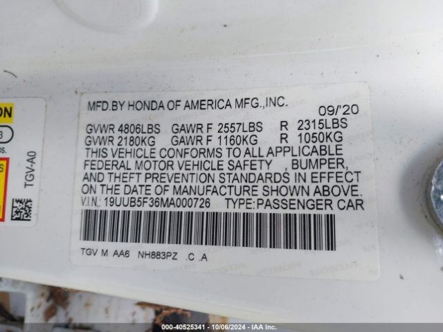 19UUB5F36MA000726 Acura Tlx Standard