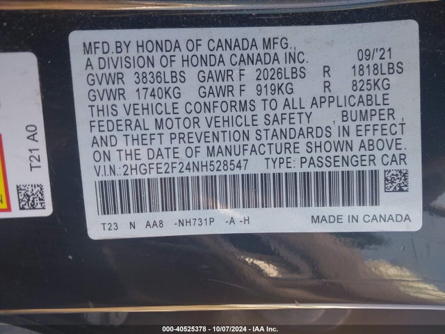 Honda Civic Lx 2022 2HGFE2F24NH528547 Image 9